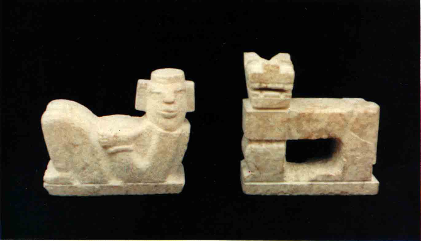 Chacmol y trono de jaguar tallados en sac tunich por artesanos de Tixhualahtún, Valladolid.