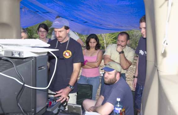 Photo 19. The ROV control center (Dirk Rosen and Brett Phaneuff in the first row). 