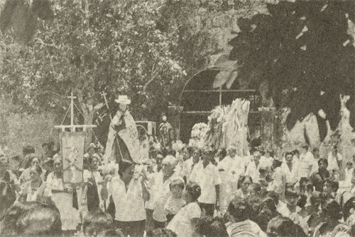 Procesión en honor de Santiago Apóstol en Tixcacalcupul. Véanse los Santos invitados y los ramilletes 