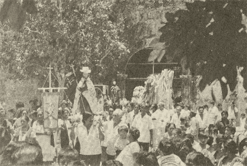 Procesión en honor de Santiago Apóstol en Tixcacalcupul. Véanse los Santos invitados y los ramilletes