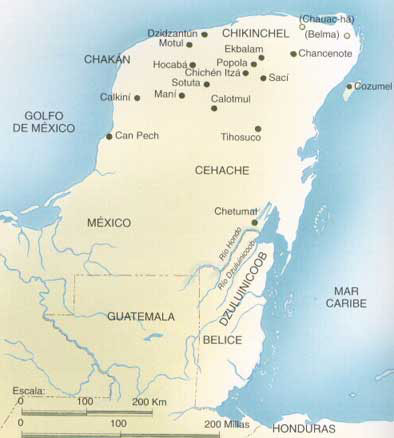 Mapa con las principales capitales indígenas en el primer cuarto de siglo XVI.