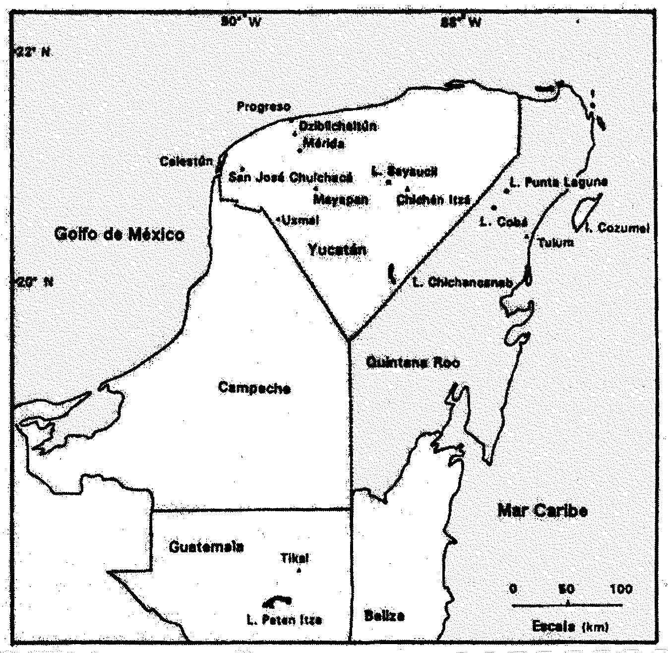 Mapa de la peninsula de Yucat�n mostrando la ubicaci�n de los lagos en donde se cuenta con informaci�n paleoclim�tica