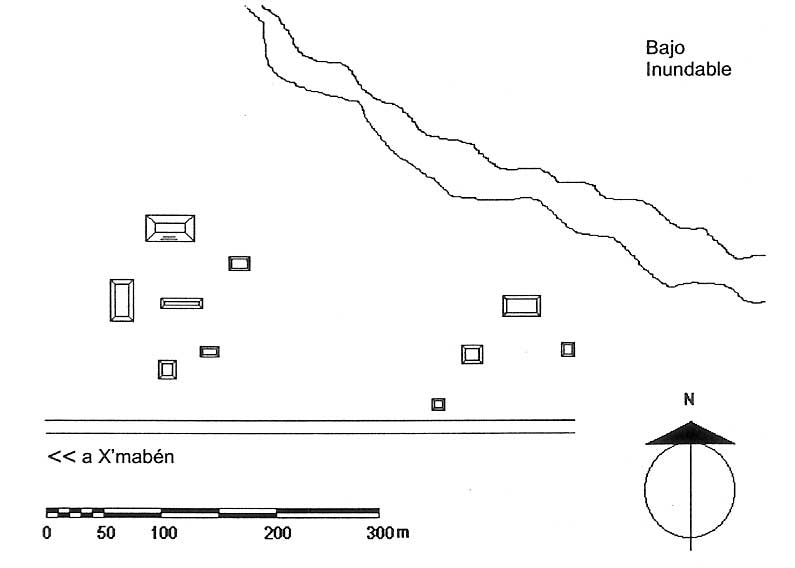 Figura 2. Croquis esquemático del sitio 1. Sahcabchén, ejido Xmabén municipio de Hopelchén, Campeche. Levantó Miguel Covarrubias Reyna. 23 de mayo de 2000.