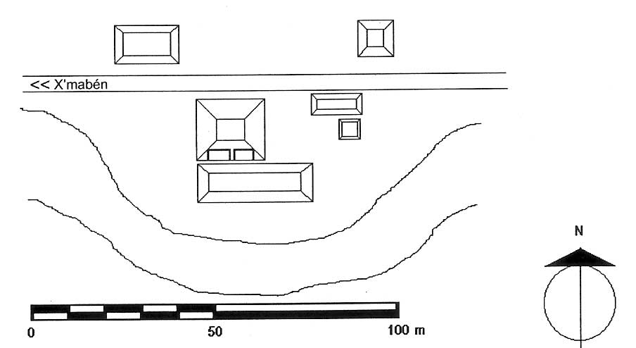 Figura 3. Croquis esquemático del sitio 2 Xcampokolché, ejido Xmabén, municipio de Hopelchén, Campeche. Levantó Miguel Covarrubias Reyna. 23 de mayo de 2000.