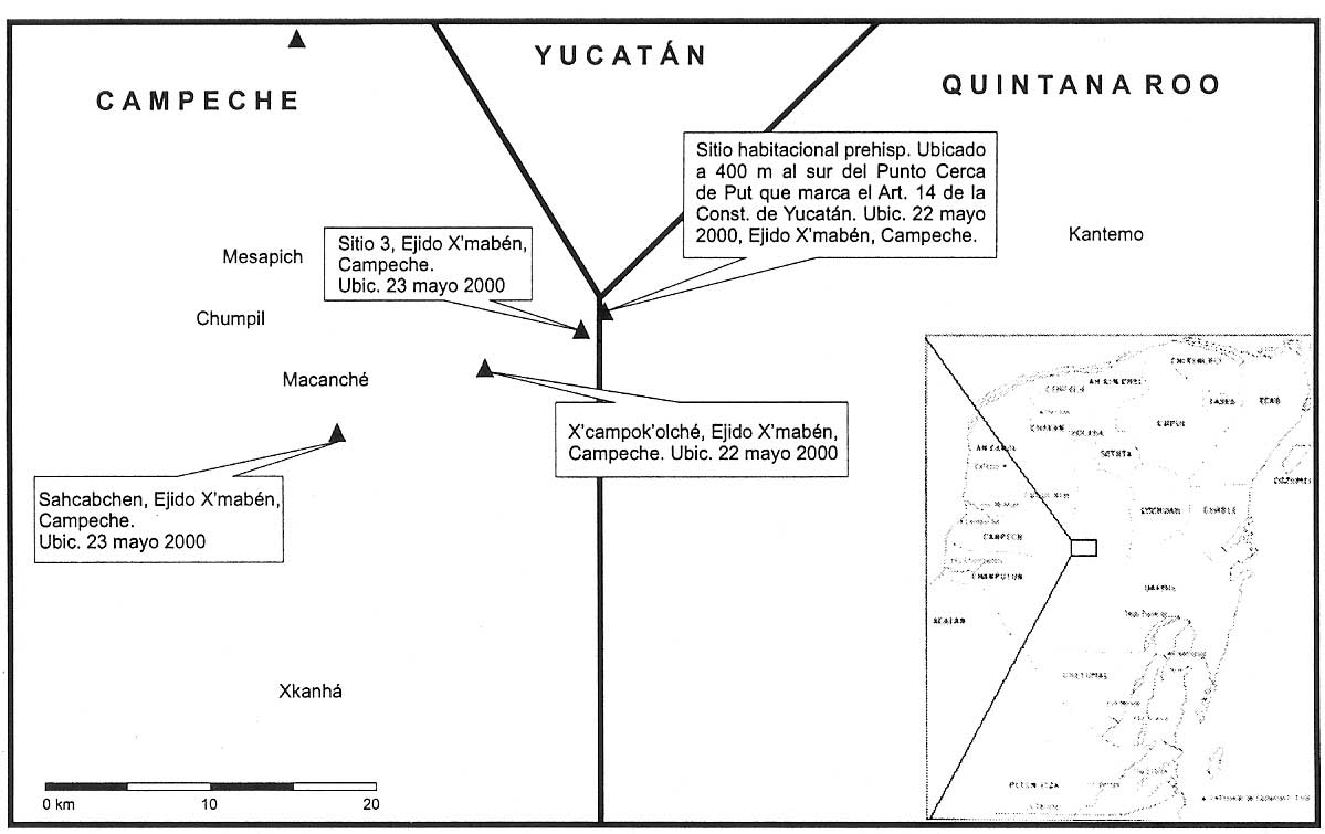 Figura 1. Mapa de ubicación de sitios arqueológicos en el área limítrofe de los tres estados. Levantó Miguel Covarrubias Reyna.
