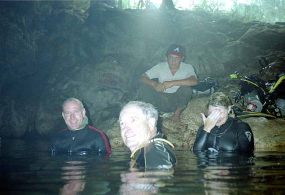 Photo 16. Mister Gregg Cook from ProMare, Joe Ballew and Melisa French on the 2004 expedition, Pedro Tun one of our assistants is in the back of the photo.